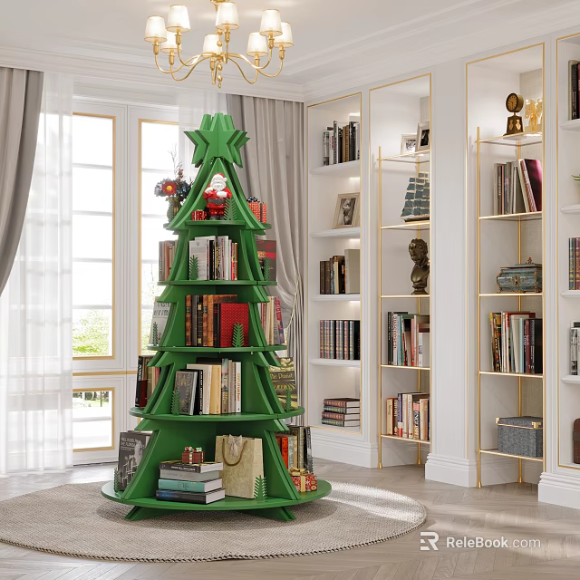 Green Christmas Tree Shaped Bookcase With Books And Decorations In Bright Room With White Walls 3d model 