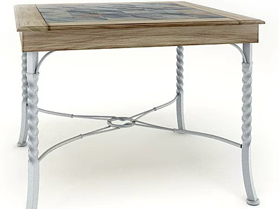 Rustic Dining Table With Geometric Patterned Wooden Top And Twisted Silver Metal Legs 3d model