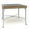 Rustic Dining Table With Geometric Patterned Wooden Top And Twisted Silver Metal Legs