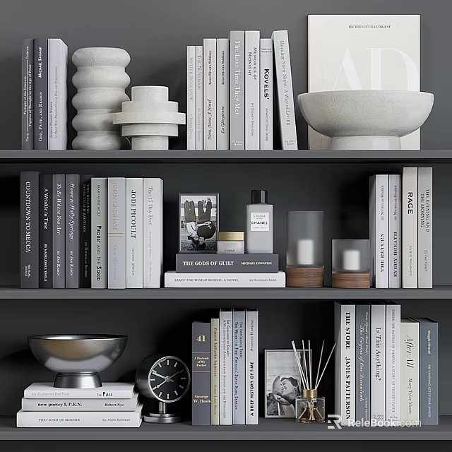 Stylish Decorative Ornaments Set With Ceramic Bowl Sculptural Decor And Books On Shelf 3d model 