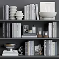 Stylish Decorative Ornaments Set With Ceramic Bowl Sculptural Decor And Books On Shelf