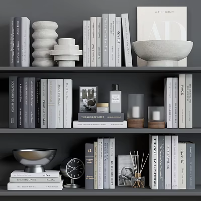 Stylish Decorative Ornaments Set With Ceramic Bowl Sculptural Decor And Books On Shelf 3d model