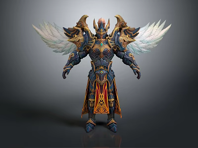 Mythical Armored Warrior With Angelic Wings And Ornate Gold Blue Red Accents 3d model