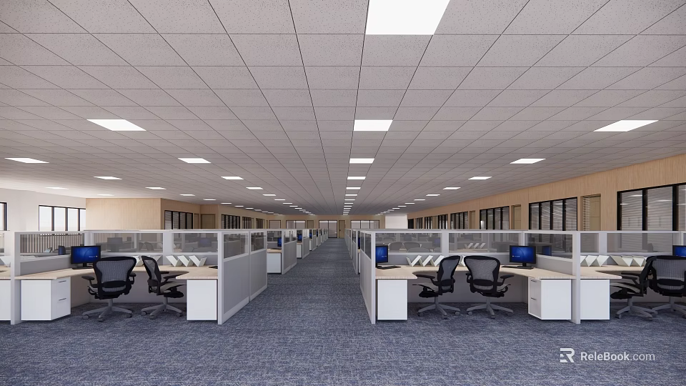Spacious Public Office Space With Cubicles Desks Chairs And Ceiling Lights 3d model 