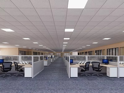 Spacious Public Office Space With Cubicles Desks Chairs And Ceiling Lights 3d model