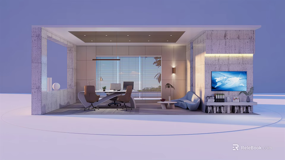 Modern Office Interior Design With Desk Chairs Sofa And TV Screen And Window Blinds 3d model 