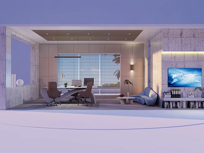 Modern Office Interior Design With Desk Chairs Sofa And TV Screen And Window Blinds 3d model