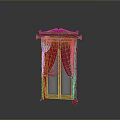 Elegant Window Frame With Golden Ornate Design And Red Blue Curtains