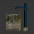Garden Ornament Featuring Square Moss Covered Stone Basin With Blue Metal Faucet And Orange Handle