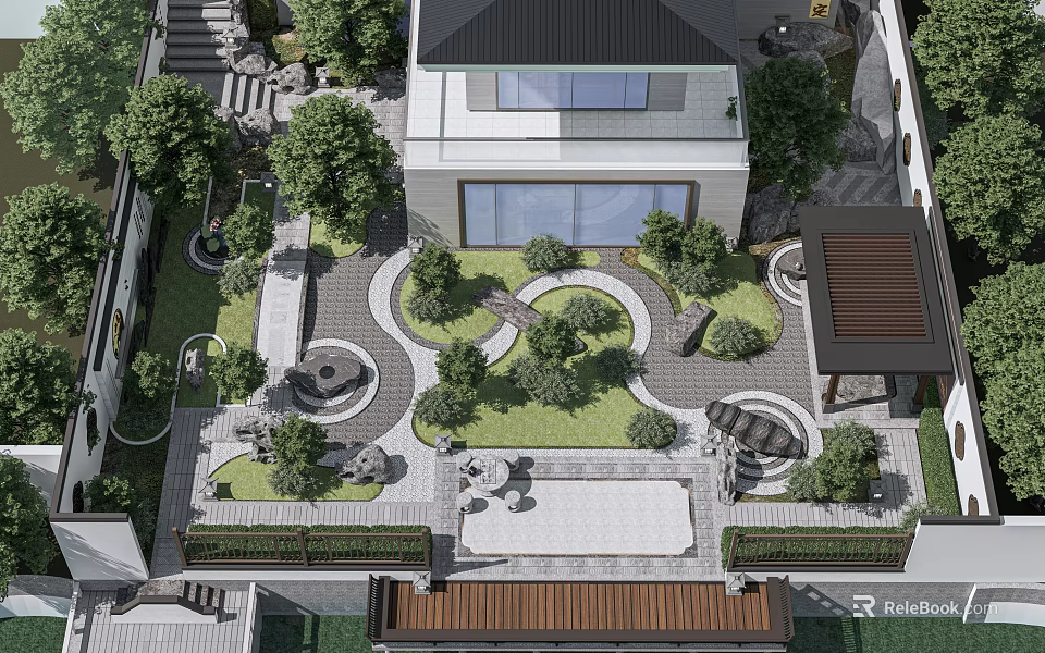 Courtyard Garden With Modern House Circular Stone Walkways Lush Trees And Outdoor Seating Area 3d model 