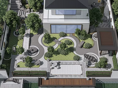 Courtyard Garden With Modern House Circular Stone Walkways Lush Trees And Outdoor Seating Area 3d model