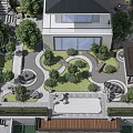 Courtyard Garden With Modern House Circular Stone Walkways Lush Trees And Outdoor Seating Area