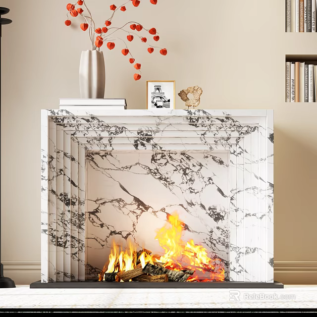 Marble Fireplace Interior With Burning Fire Vase Photo Frame And Decorative Books 3d model 