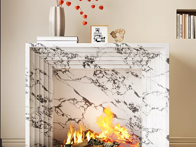 Marble Fireplace Interior With Burning Fire Vase Photo Frame And Decorative Books 3d model