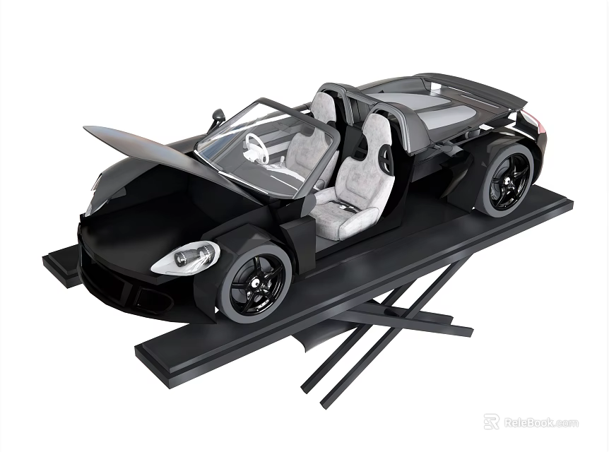 Black Convertible Sports Car With Open Doors And Grey Seats On Display Platform 3d model 