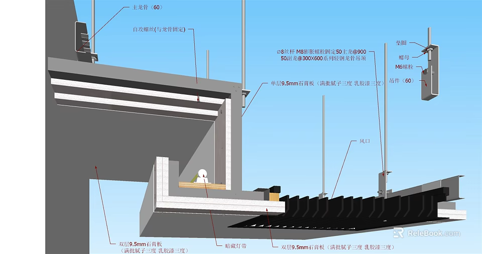 Suspended Ceiling Structural Design With Gypsum Board And Installation Details 3d model 