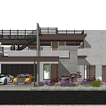 Modern Detached Villa Exterior With Double Garage Two Sports Cars Balcony And Purple Flowers