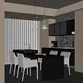 Modern Restaurant Open Dining Area With Kitchen Cabinets Hanging Lights And White Chairs