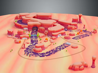 Colorful 3D Landscape With Red Rock Formations Winding Purple Paths And Green Plants 3d model