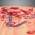 Colorful 3D Landscape With Red Rock Formations Winding Purple Paths And Green Plants