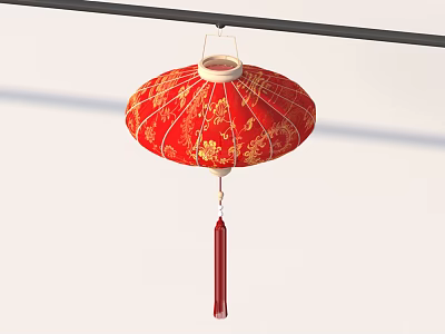 Red Chinese Lantern with Golden Floral Patterns Hanging from Black Pole with Red Tassel 3d model