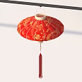 Red Chinese Lantern with Golden Floral Patterns Hanging from Black Pole with Red Tassel