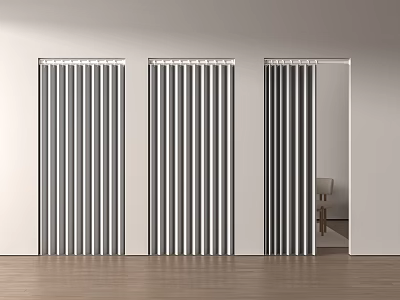 Light Gray Vertical Curtains For Indoor With White Walls And Wooden Floor 3d model