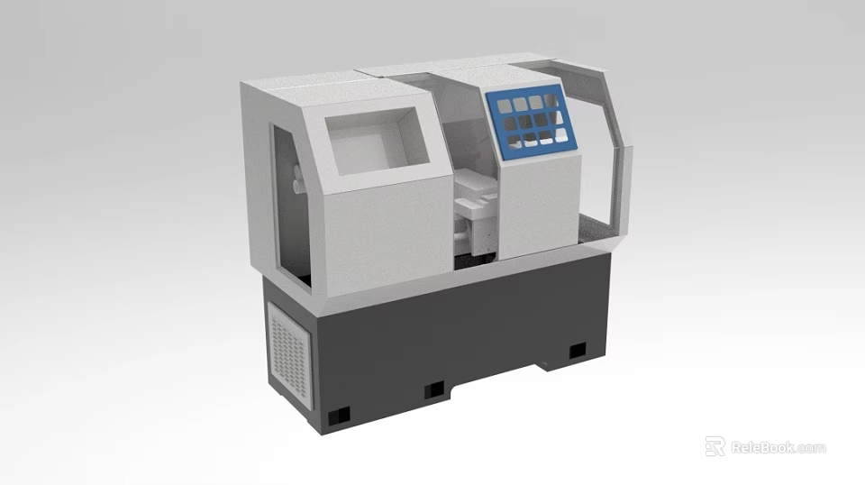 Industrial CNC Lathe Equipment With Control Panel Blue Display Screen White Upper And Black Base 3d model 