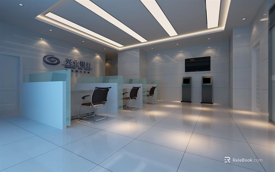 Modern Service Hall Interior With White Ceiling Lights Front Desk Seats And Self Service Machines 3d model 