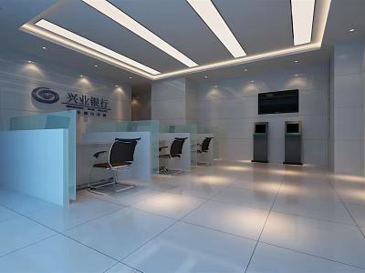 Modern Service Hall Interior With White Ceiling Lights Front Desk Seats And Self Service Machines 3d model