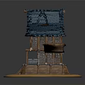 Wooden Cottage Model With Blue Tiled Roof Windows Stairs And Fence Base