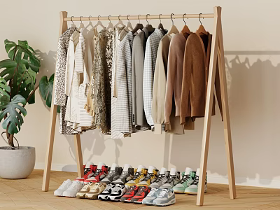 Indoor Wooden Clothing Rack With Clothes And Shoes 3d model