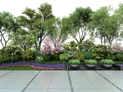 Arbor Centered Landscape Design With Lush Shrubs Colorful Flowers And Paved Ground 3d model