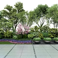 Arbor Centered Landscape Design With Lush Shrubs Colorful Flowers And Paved Ground