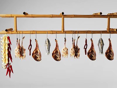 Dried Food Hanging On Bamboo Rack Including Fish Meat And Chilies 3d model