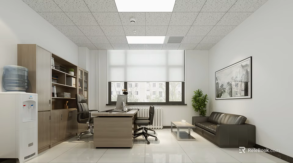 Modern Office Interior With Bookshelves Desk Chairs Sofa Potted Plant Window Blinds And Framed Painting 3d model 
