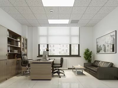 Modern Office Interior With Bookshelves Desk Chairs Sofa Potted Plant Window Blinds And Framed Painting 3d model