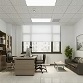 Modern Office Interior With Bookshelves Desk Chairs Sofa Potted Plant Window Blinds And Framed Painting