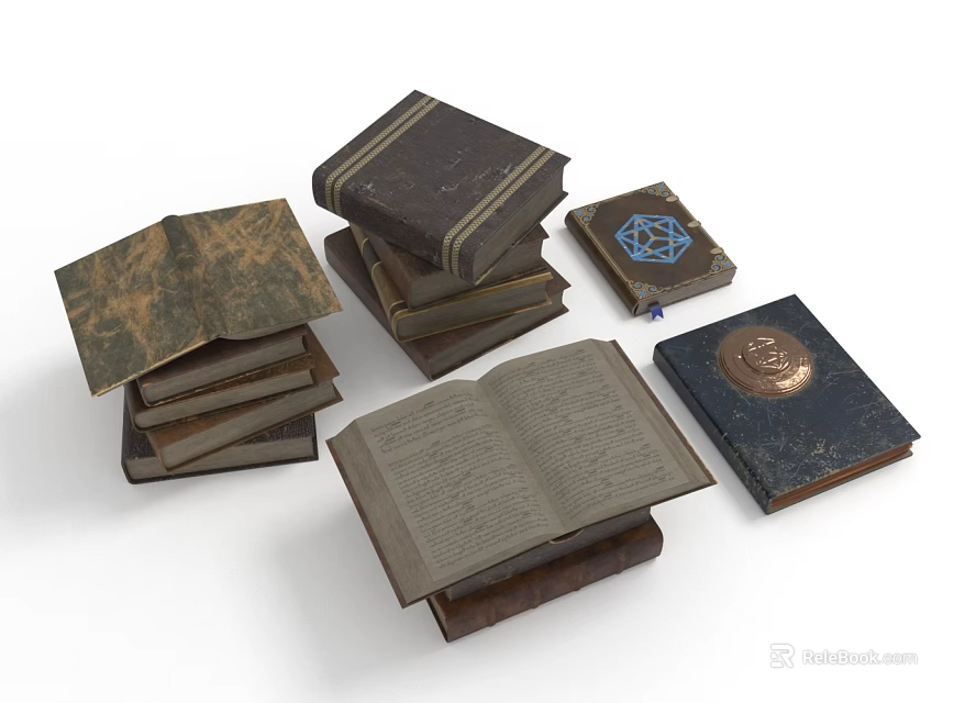 Old Vintage Books Featuring Open Pages Stacked Piles and Badge Decorated Covers 3d model 