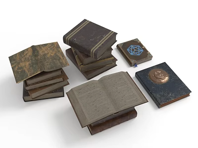 Old Vintage Books Featuring Open Pages Stacked Piles and Badge Decorated Covers 3d model