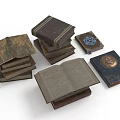 Old Vintage Books Featuring Open Pages Stacked Piles and Badge Decorated Covers