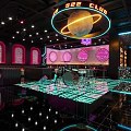 Modern Bar Interior With Neon Lights Moon Decor And Glowing Floor Tiles
