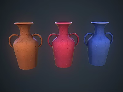 Three Colorful Ceramic Vessels with Orange Red and Blue Hues and Two Handles Each 3d model