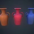 Three Colorful Ceramic Vessels with Orange Red and Blue Hues and Two Handles Each