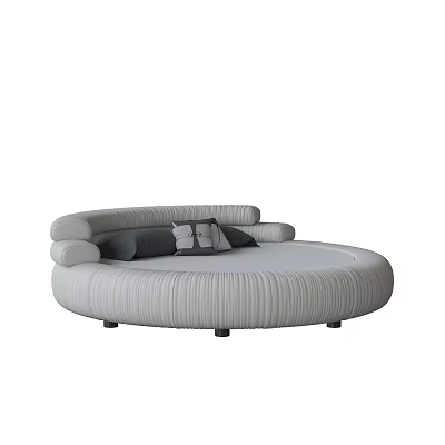 Modern Stylish Round Bed With Ribbed Upholstery And Decorative Gray Pillows 3d model