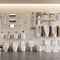 Modern Bathroom Fixtures Collection With Toilets Urinals Sinks Shower Heads And Shelves