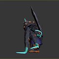 Orange Black Armored Fantasy Warrior Character With Giant Spiked Blade And Teal Tentacles