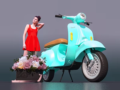 Stylish Light Blue Vintage Scooter With Potted Flowers And Woman In Red Dress 3d model