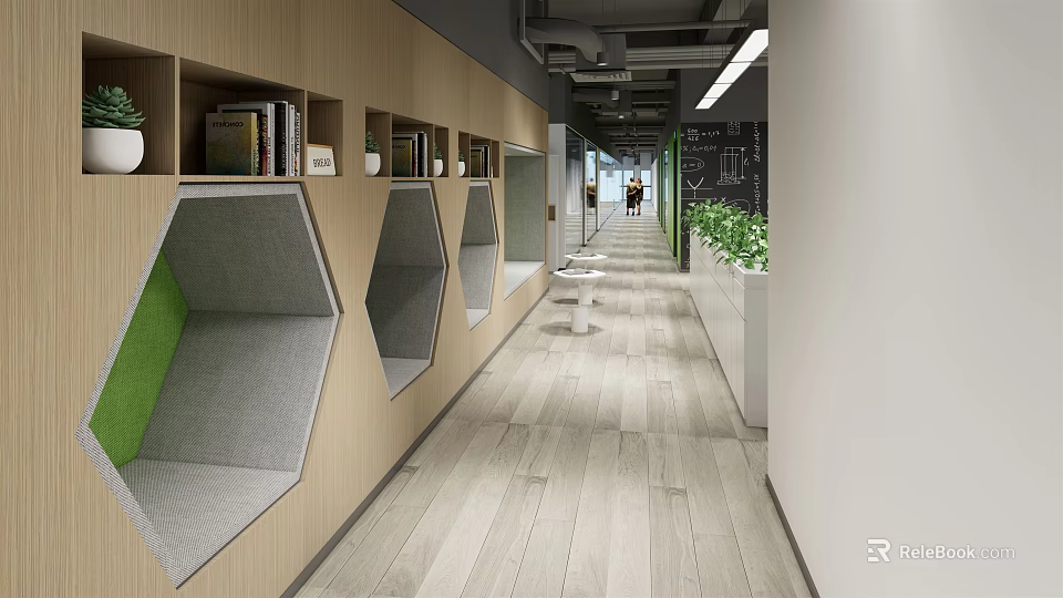 Modern Office Lounge Area Interior With Wooden Walls Hexagonal Seats And Green Plants 3d model 