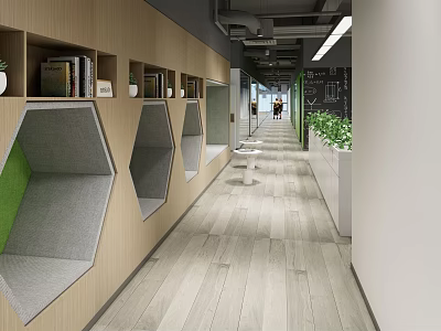 Modern Office Lounge Area Interior With Wooden Walls Hexagonal Seats And Green Plants 3d model